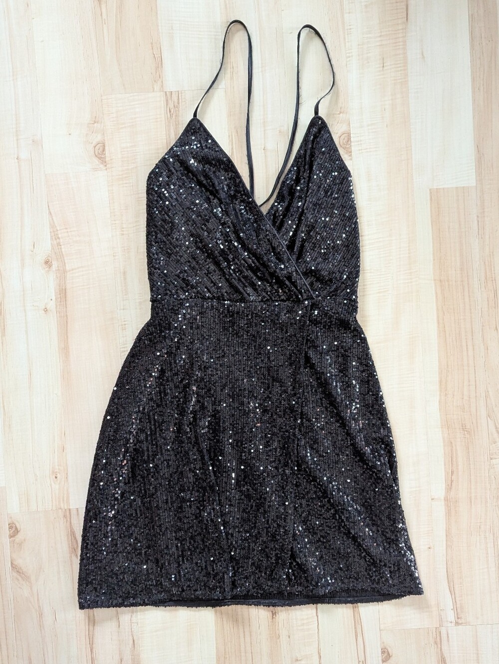 Minuet Petite Black Sequin Wrap Mini Dress